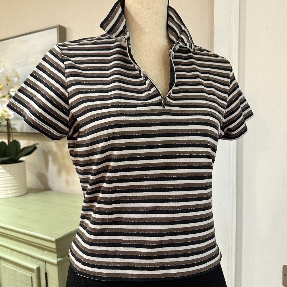 Y2K Tail Tech Retro with Metallic Thread Striped Half-Zip Polo Top – Size S